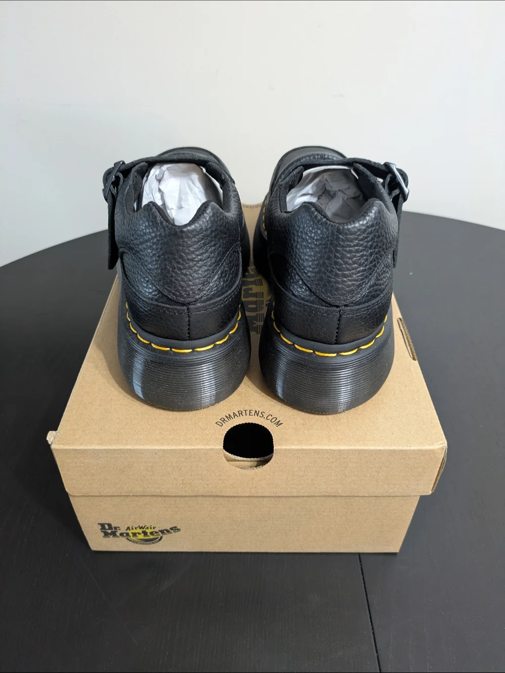 Dr. Martens Black Leather Double-Buckle Platform Mary Jane with Yellow Stitching - Picture 4 of 6